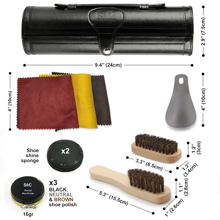 Stone & Clark 12-Piece Shoe Cream & Leather Care Set with Brown Wax, Polishing Shoe Brushes, Compact Shoe Shine Kit with Horsehair Brushes & PU (Classic Black Kit)