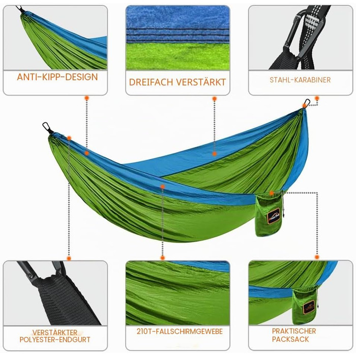 Туристичний гамак Anortrek для 1 особи (280x140 см), ультралегкий нейлоновий гамак для кемпінгу та відпочинку з ремнями для дерев, витримує до 249 кг, Olive Green/Blue