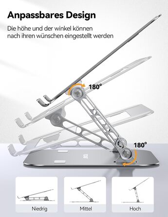 Підставка для ноутбука TECKNET регульована по висоті, ергономічна, складна, з вентиляцією, сумісна з 11-17.3 дюймами, для MacBook та планшетів (срібна)