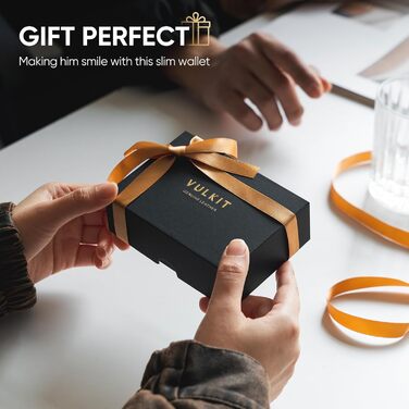 Гаманець-картхолдер VULKIT для чоловіків RFID захист, шкіряний, з відділенням для купюр та ID-вікна (Чорний, натуральна коров'яча шкіра)