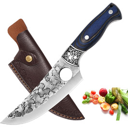 Японський ніж для обробки м'яса Doklasu, ручної роботи, full tang, з високоякісної сталі 5Cr15MoV, з червоним дерев'яним руків'ям та піхвою (15 см)