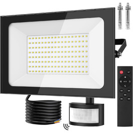papasbox 2 Pack LED Floodlights with Motion Sensor and Light Sensor | Outdoor Floodlights/Spotlights with Remote Control | 6500K Cool White IP66 Waterproof Floodlights for Garden, Garage, Sports Field (150W, 1 piece)