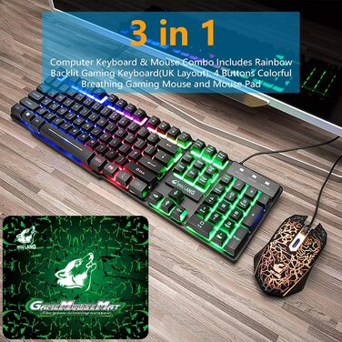 Ігровий набір клавіатури, навушників та миші, UK Layout, 104 клавіші, RGB підсвічування, 2400DPI, 7.1 Surround Sound, для PS4/Xbox (потрібен адаптер)