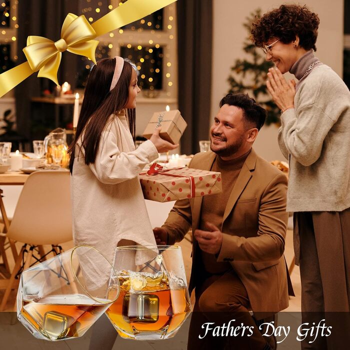 Diamond Whiskey Glasses 4-Piece Set, Tilted Scotch Glasses 300 Ml, Modern Look Whiskey Glasses for Men, Women, Dad, Husband, Friends, Glassware for Bourbon/Rum/Bar Tumbler, Clear + Gold Rim 4