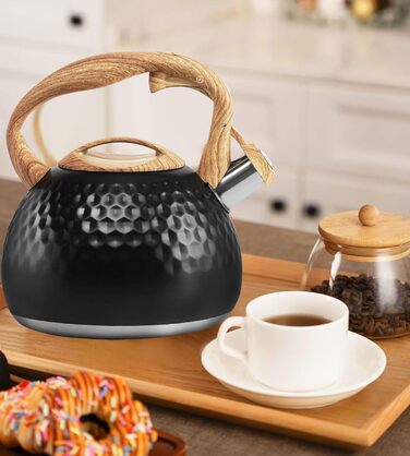 Чайник-свисток Foedo з нержавіючої сталі з дерев'яною текстурою, 3.2 л, для чаю, кави та молока, класичний дизайн, червоний (Чорний-6)