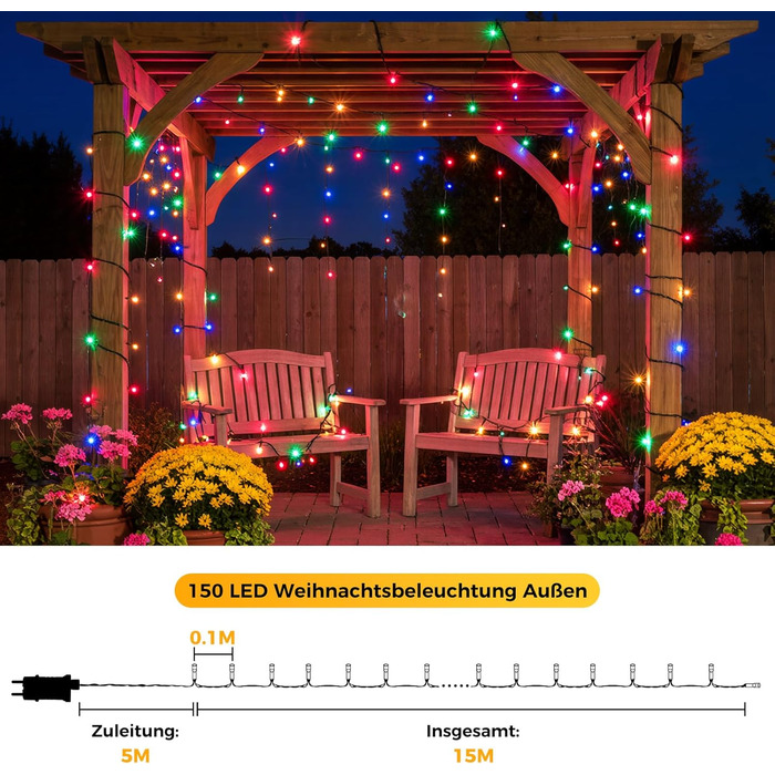 LED гірлянда для прикраси ялинки та декору на балкон/сад: 5м, 150 LED, тепле біле світло, 8 режимів, таймер, пульт, для внутрішнього та зовнішнього використання