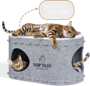 Felt Cat Cave Bed Cat House for Indoor Cats, Cave with 2 Soft and Warm Cushions, Winter-Proof, Protects Cat Claws, 58W x 33D x 30H cm, (Gray)