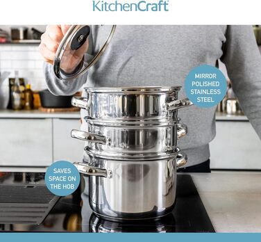 Набір каструль KitchenCraft 3 шт. з пароваркою, суповою каструлею, індукційне дно, нержавіюча сталь, подарункова коробка, 16 см, сріблястий