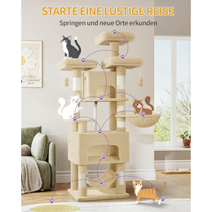 Кігтеточка для котів Hzuaneri 176 см, XL, 3 платформи, 2 печери, 7 стовпчиків, гамак, плюшеві кульки, для багатокотових домівок, MS17618SG (Бежевий)