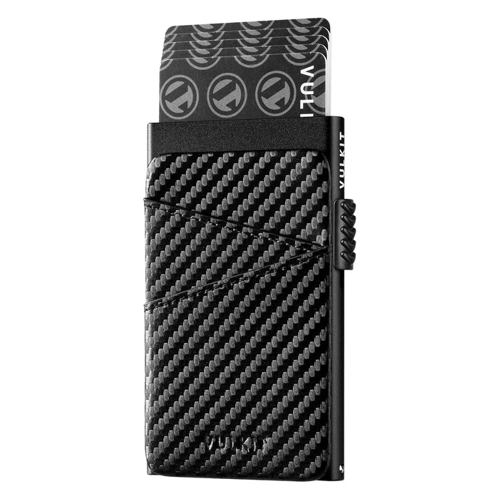 VULKIT: Елегантне картхолдер для чоловіків з металу та шкіри. Автоматичний Pop-Up картхолдер RFID NFC захистом. Місткість: 5-9 карт. Матеріал: шкіра, метал, карбон.