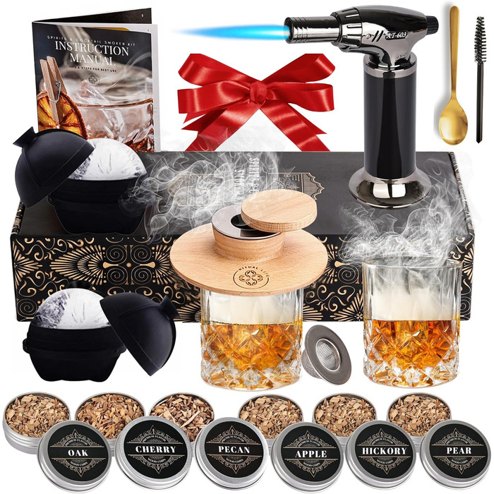 Набір для копчення віскі: 2 склянки, 2 форми для льоду, 6 смаків тирси - для коктейлів Old Fashioned