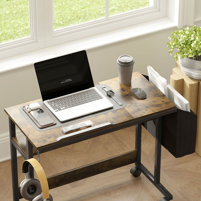 HOMCOM Height-Adjustable Desk, 92 x 40 cm, Computer Desk with Wheels, Tilting Platform, Storage Bag, for Study Room, Office, Steel, Rustic Brown | Aosom