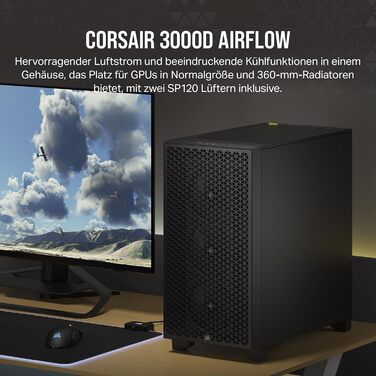 Корпус для ПК CORSAIR 3000D Airflow Mid-Tower з 2 вентиляторами SP120 Elite, підтримка GPU з 4 слотами, чорний