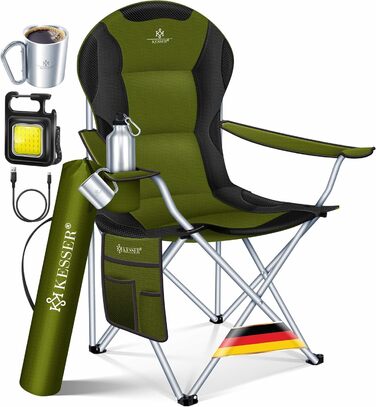 Крісло для кемпінгу KESSER® розкладне, до 150 кг, для риболовлі, з підлокітниками, високою спинкою, пляшкотримачем, світлом, сумкою, бежевий/чорний