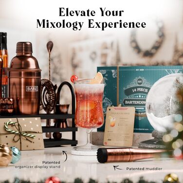 Набір бармена BARE BARREL® з 14 предметів: шейкер, аксесуари для приготування коктейлів, шейкер Cobbler 24oz, 35 рецептів, подарунковий набір