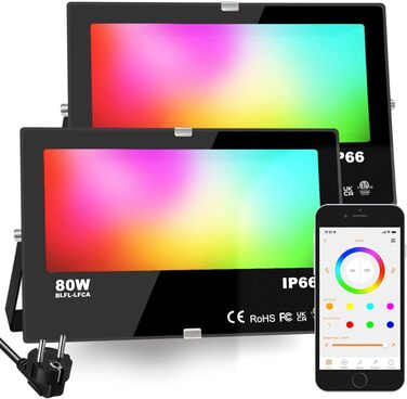 iLC RGB LED Floodlight 80W, RGBW Color Changing Floodlight Equivalent to 800W, 16 Million Colors, Grouping, Timer, 2700K Warm White, Water Protection Rating IP66, Outdoor/Indoor (2-Pack)