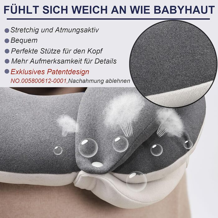 Подушка для шиї BUYUE для подорожей, 360° підтримка голови, сон у дорозі, комплект з маскою для очей, навушниками та чохлом (для дорослих, сіра, до 45 кг)