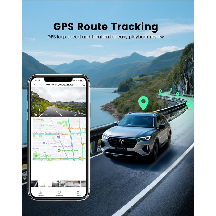 Відеореєстратор COOLCRAZY Dashcam Auto: 4K UHD, Dual камера, GPS, WiFi, 64GB SD-карта, IPS 3