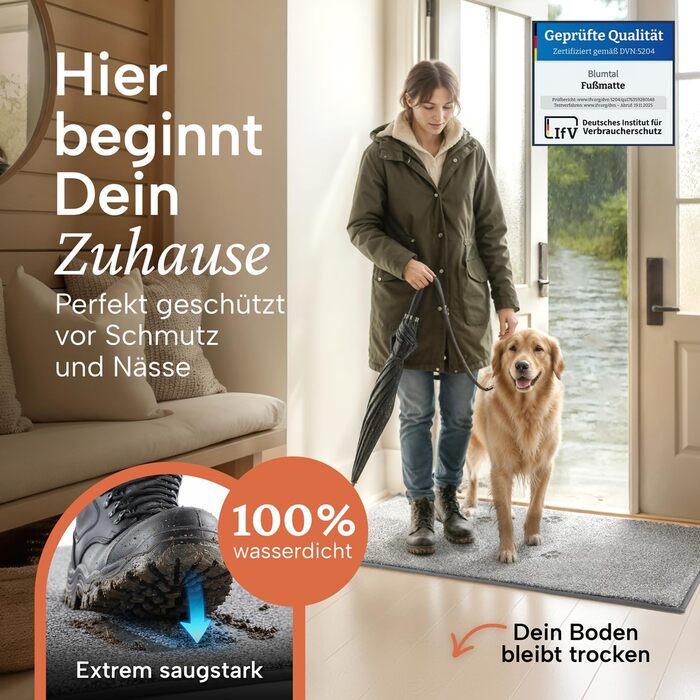 Килимок для входу Blumtal 50x80 см, протибризковий килим з мікрофібри з водонепроникною TPR-підкладкою, протиковзний грязезахисний килимок у приміщення (сірий, прямокутний)