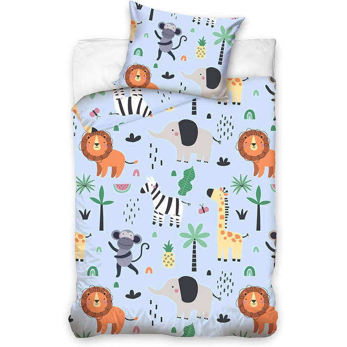 Комплект постільної білизни для дитячого ліжечка Kinder з 100% бавовни (100x135 см) з тваринами. Підходить для хлопчиків, легко періть при 60°C. Включає постільну білизну та подушку (40x60 см).