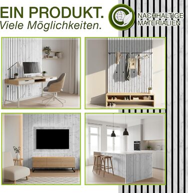 Акустичні настінні панелі TRESKO з дерева 120×60x2,1 см, 2 шт. — 3D ламельна стіна для шумоізоляції, колір Білий/Мармур, з набором для монтажу та 4 вішаками