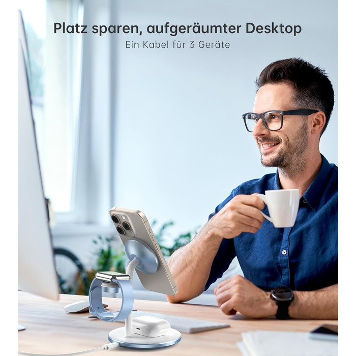 3-в-1 Індукційна зарядка для декількох пристроїв: iPhone 15/14, iWatch, AirPods, білий (блакитний)