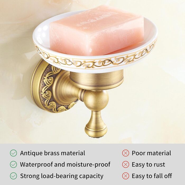 Brass toothbrush holder, antique bronze, cup holder with white ceramic cup, wall-mounted, bathroom accessory, patterned carved design (soap dish)
