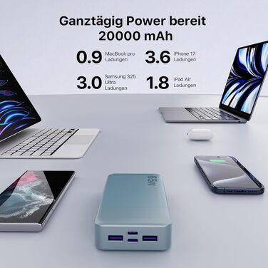 Power Bank NOBIS 20000mAh 65W USB-C PD QC з дисплеєм - портативний зарядний пристрій для ноутбука, телефону, планшета (Синій)