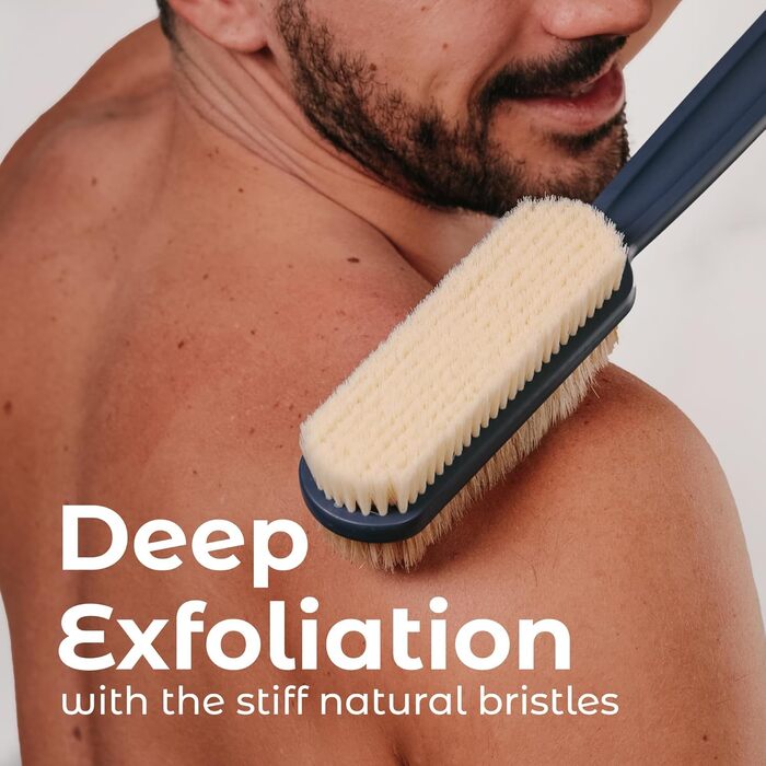 Скребок для спини MainBasics для душу – довга ручка, двостороння щітка для миття тіла та скрабування з пілінгом та м'якими щетинками (Ультрамарин, пластик)
