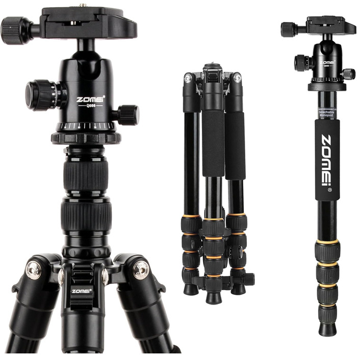 Штатив ZOMEI Q666 для камери: алюмінієвий, 155 см, 3-в-1 (штатив, макроштатив, монопод), з кульковою головкою 360° та швидкою платформою 1/4'