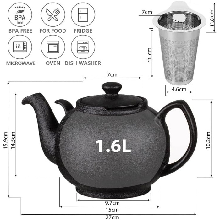 Керамічний чайник Urban Lifestyle LIVERPOOL з ситом із нержавіючої сталі, 1.1 л, чорний