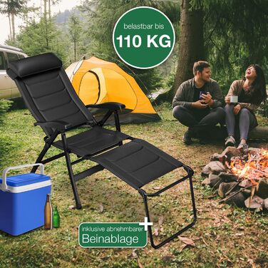 ELONEO Folding Camping Chair with Removable Footrest, Folding Chair Made of Aluminum, Folding Garden Chair, Reclining Chair with Adjustable Backrest, Camping Chair (Folding Chair with Footrest (with Premium Cushion), Black)