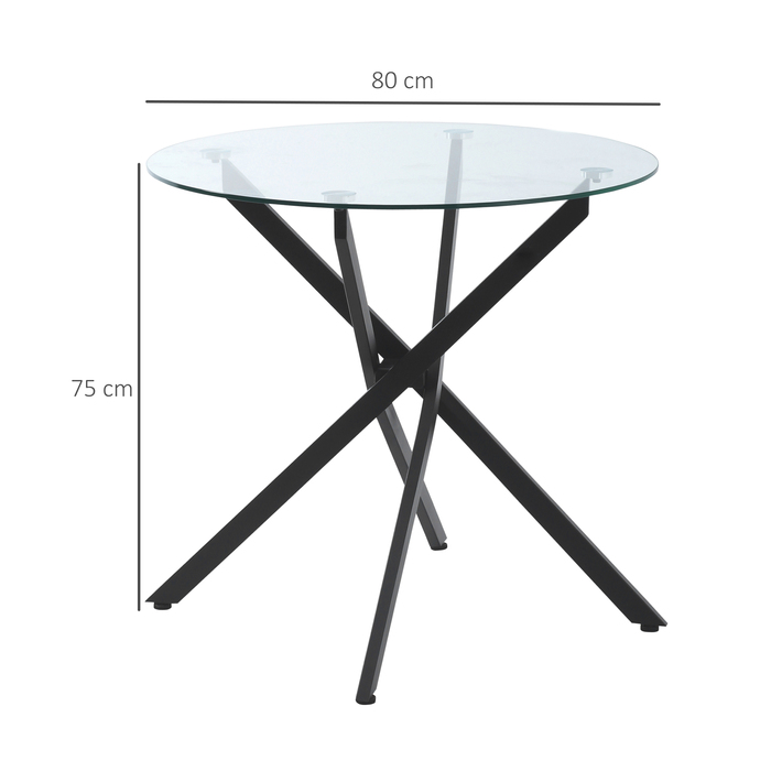 HOMCOM Modern Glass Dining Table, 80 cm Diameter, Kitchen Table with Tempered Glass Top and Metal Legs, for 4 People