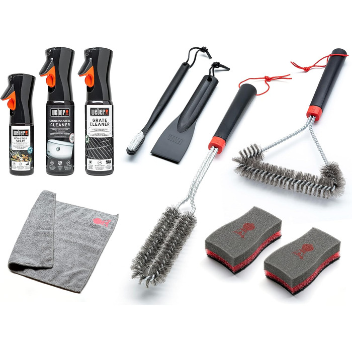 Weber Stainless Steel Grill Cleaning Set, includes: 3 Grill Brushes, Grill Grate & Stainless Steel Cleaner (300ml each), Non-Stick Spray 200ml, Microfiber Cloth, Scraper, 2 Cleaning Sponges (18284)