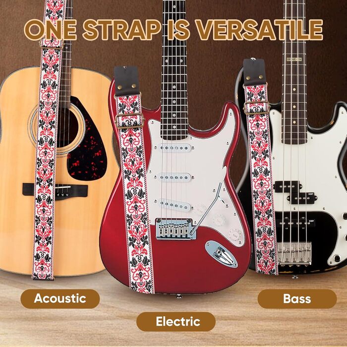 Гітарний ремінь Jacquard з вишитою бавовною та шкіряними кінцями для акустичної гітари (Gs-75-5, 5 метрів, червоний)