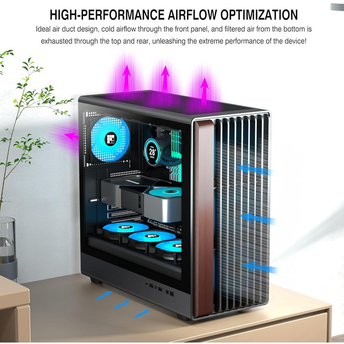 Корпус для ПК FOIFKIN з дерев'яною передньою панеллю з горіха, 4 PWM ARGB вентилятори, ATX Mid-Tower, USB Type-C, M.2, чорний