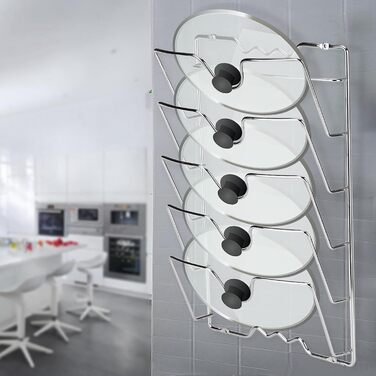 Wakects Pot Lid Holder Wall Mounted, Hanging Kitchen Lid Organizer, Vertical Stainless Steel Lid Rack, Holds 5 Lids, Metal Pot Holder, for Pots and Cookware, 43.4 x 27.8 x 9.7 cm