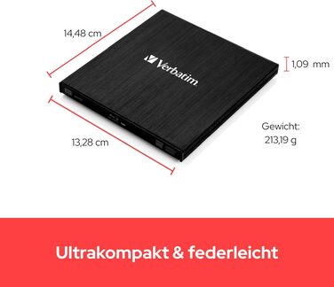 Зовнішній Slimline Blu-ray привід Verbatim з USB 3.0 — компактний записувач Blu-ray, DVD, CD та M-Disc для ПК та ноутбуків, чорний