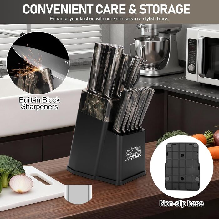 Набір кухонних ножів Messerblock з 16 предметів, з дощечкою, захистом пальців, точилкою та кухонними ножицями, професійний набір для дому (зелений, чорний)