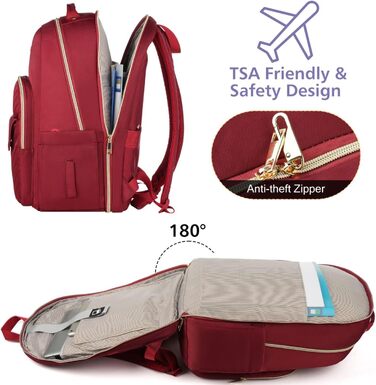 Жіночий рюкзак для ноутбука 17.3 дюйма, шкільний рюкзак для дівчат-підлітків, для навчання, роботи та офісу, для студентів та вчителів, колір: винний
