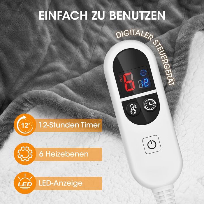 Електрична ковдра Airfish 180x130 см – преміум-якість, 6 режимів нагріву, таймер 12 годин, автовимкнення, економна та придатна для прання