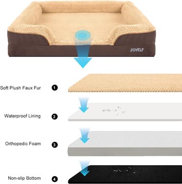 JOYELF Orthopedic Dog Bed for Large Dogs, Waterproof Foam Sofa with Removable, Washable Cover and Non-Slip Bottom for Small to Medium-Sized Dogs - Coffee