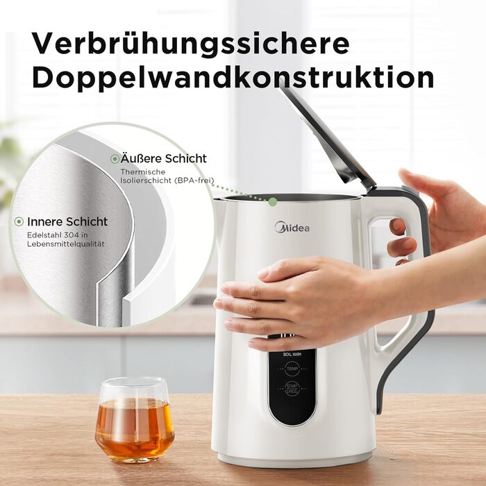 Midea 1.7L Electric Kettle - BPA Free, Fast Boil, LED Display, 360° Base, Dry Boil Protection