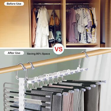 2-Piece Trouser Hangers Clothes Hangers Space-Saving Stainless Steel Non-Slip Foldable Multi-Functional Hanger for Trousers, Scarves, Jeans, Clothing, Towels (Black with 14 Clothes Hangers)