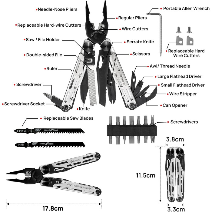 Gift for Men, BIBURY Multitools, Outdoor Multi Tool Folding Pliers with Improved Scissors and Screwdriver, Stainless Steel Multitools with Nylon Pouch, Christmas Gifts for Dad