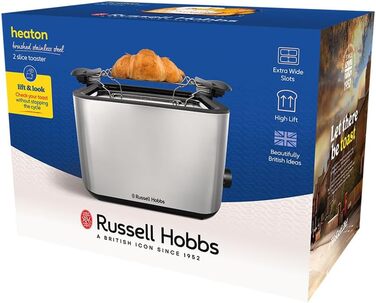 Тостер Russell Hobbs Textures+ з широкими слотами, підставка для бургерів, щипці, 6 рівнів підсмажування, розморожування та підігріву, 850W, 22601-56, нержавіюча сталь, 2 відсіки