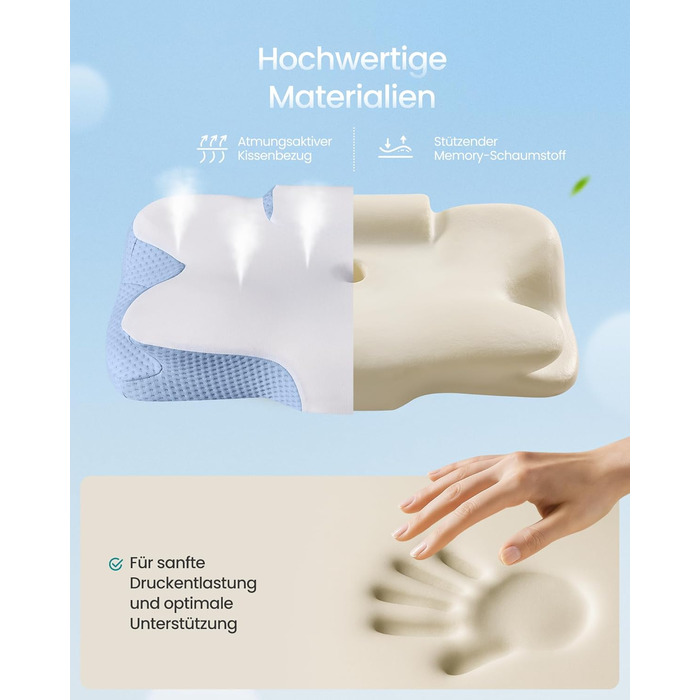 Подушка SONGMICS ергономічна з Memory Foam, регульована висота, для сну на боці, спині та животі, колір: блакитно-білий (TBP051GZ02)
