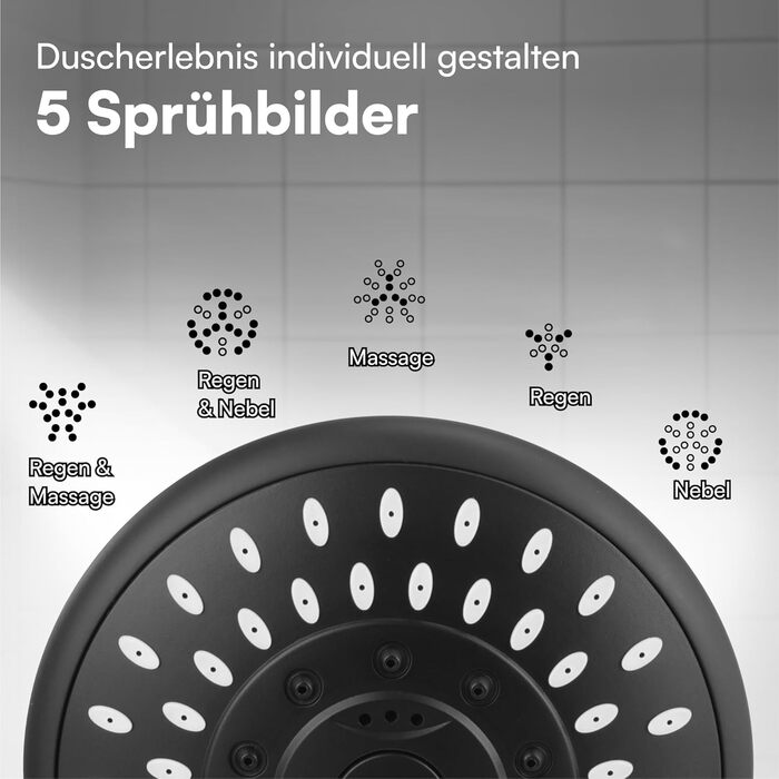 Насадка для душу H&S з високим тиском води - душова лійка з 5 режимами, хром, чорний