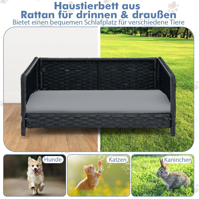 Софа для собак Costway з ротангу PE, лежанка для тварин з знімним подушкою та пральним покриттям, металевий каркас, піднята лежанка для собак маленьких/середніх порід, лежанка для собак для дому та вулиці, 62x46x25 см