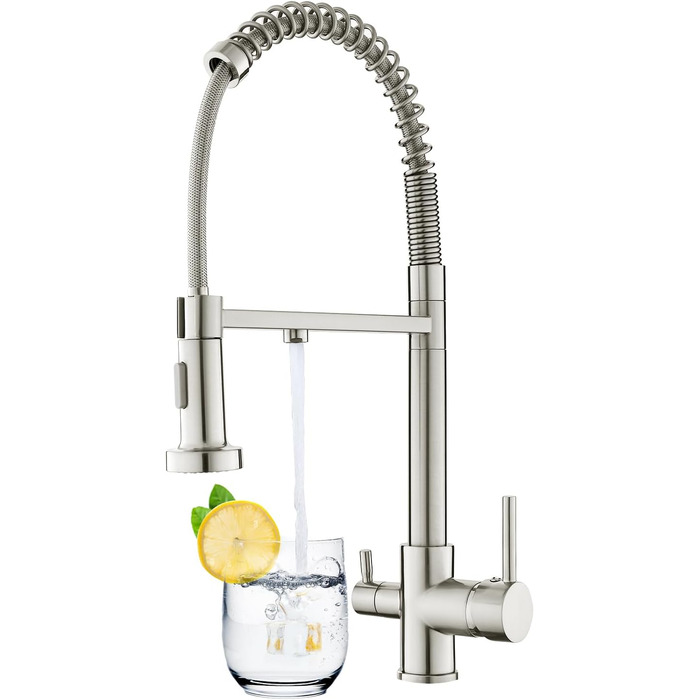 Кухонний змішувач 3 в 1 з поворотним гусаком 360° та двома режимами (з душем), з нержавіючої сталі та латуні, для фільтрації води, з двома ручками